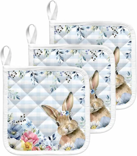 3 Packs Blue Easter Plaid Pot Holders Sets for Kitchen,Oven Pan Plate Bowl Pads Heat Proof Mat with Hanging Loop,Terry Cloth Potholders Soft Grip