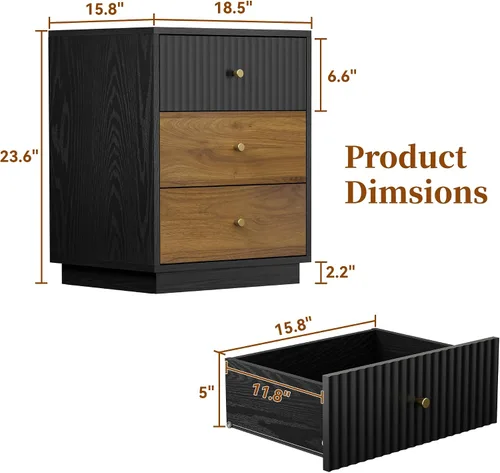 Miniatura 2 de Mesita de noche de 23.6 pulgadas de alto con 3 cajones de almacenamiento, mesita de noche acanalada con asas de metal, mesa auxiliar moderna