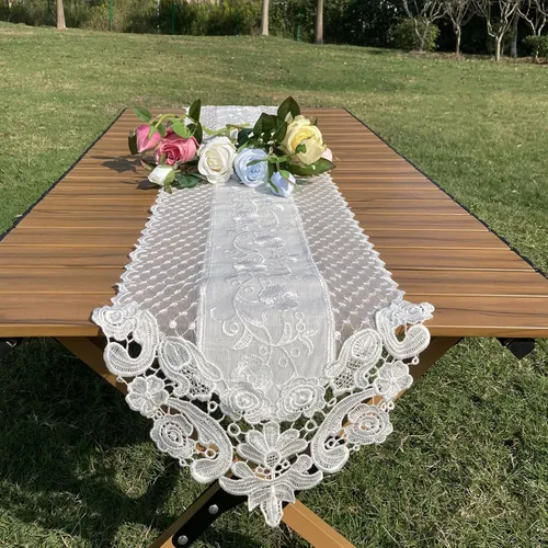 Miniatura 7 de Hsvanyr Camino de mesa de encaje blanco bordado, bufanda clásica rectangular de macramé, decoración de comedor, tocador, 12 x 27 pulgadas
