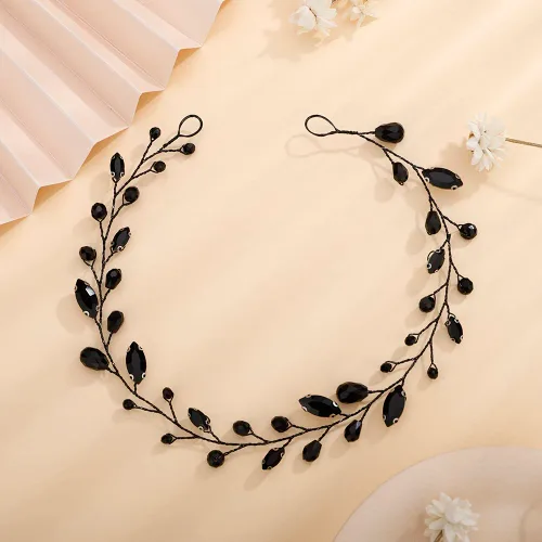Miniatura 2 de Teyglen Diadema larga de diamantes de imitación para novias, tocados vintage para mujeres, fiestas, bailes, cumpleaños (negro)