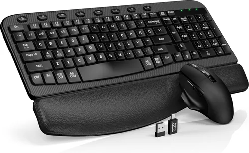 Combo de teclado y mouse inalámbricos – Tecla de onda ergonómica, reposa muñecas de cuero suave incorporado, 2.4G de tamaño completo, 8 teclas de