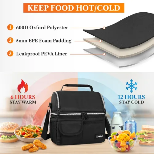 Miniatura 3 de Opux - Bolsa de almuerzo aislada de doble compartimento para hombres y mujeres Bolsa de almuerzo reutilizable con correa para el hombro, forro