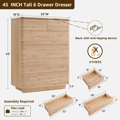 Miniatura 2 de ACCOHOHO Cómoda de 6 cajones para dormitorio, cómoda moderna de 42 pulgadas de altura, organizador de almacenamiento de madera con cajones grandes