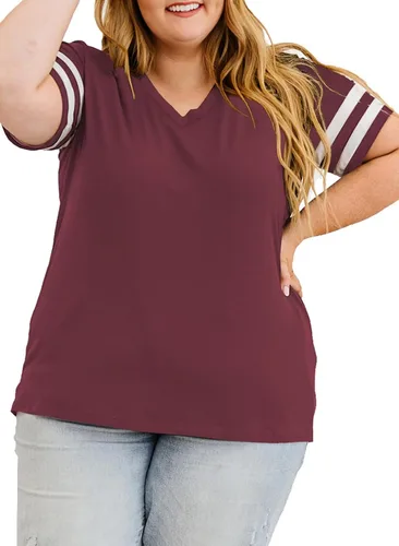 Miniatura 105 de Eytino Blusas de talla grande para mujer, cuello en V, manga corta, a rayas, casual, holgada, con bolsillo (1X-5X)