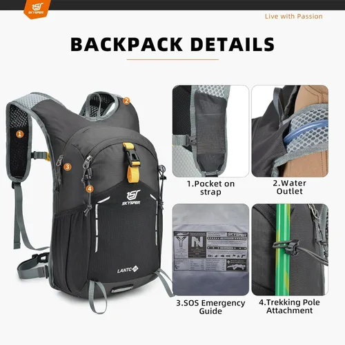 Miniatura 4 de SKYSPER - Mochila pequeña de senderismo - Mochila de viaje de 15L, ligera, resistente al agua, mochilas de senderismo para mujeres y hombres, Gris