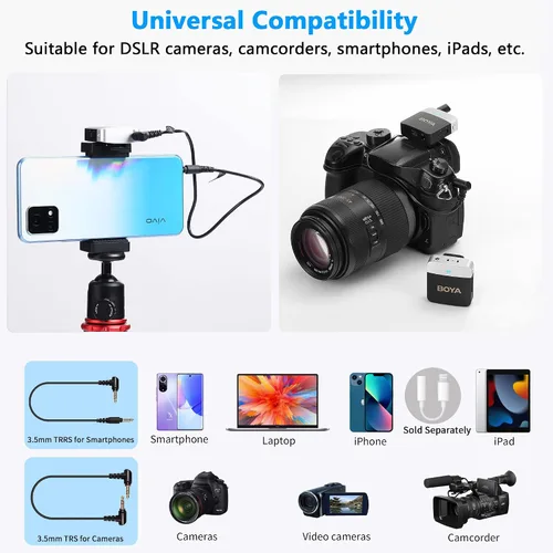 Miniatura 6 de BOYA Micrófono Lavalier inalámbrico de 2.4 GHz Duan Channel Sistema de micrófono inalámbrico con transmisor y 1 receptor para cámara iPhone