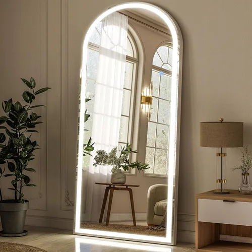 GLSLAND Espejo LED arqueado de longitud completa, espejos de pie de cuerpo completo de 65 x 26 pulgadas con luz para dormitorio/guardarropa,