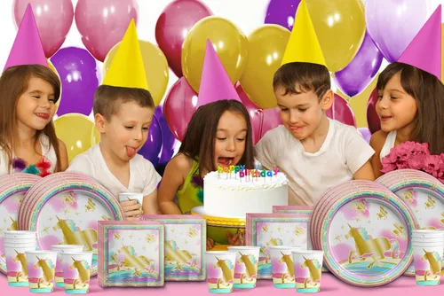 Miniatura 7 de Juego de suministros de fiesta de cumpleaños de Pegaso con arco iris dorado para 16