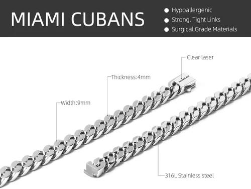 Miniatura 2 de CaptainSteeL Collar de cadena cubana Miami para hombres y mujeres, acero inoxidable 316L de 50.354in de ancho, 18"20"22"24" de largo, joyería de hip