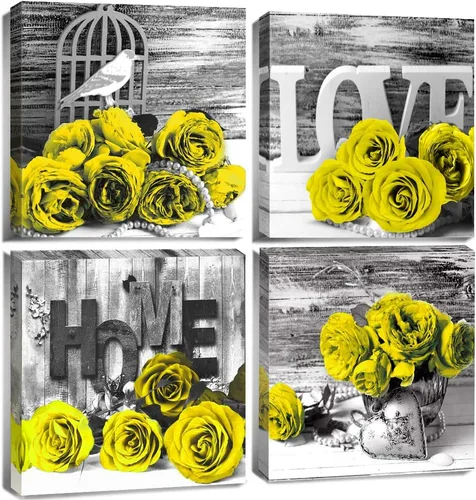 Imágenes rústicas de flores amarillas, decoración de pared vintage con rosas florales para dormitorio, baño, pósteres retro de flores grises, ROSA