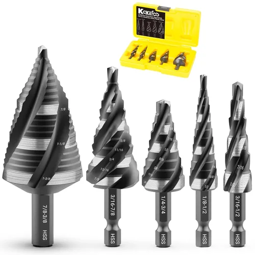 Juego de 4 brocas en espiral con paso de flauta, 5 brocas HSS Unibit de 1/8"-1-3/8", brocas escalonadas de vástago de 1/4" y 3/8" para metal,