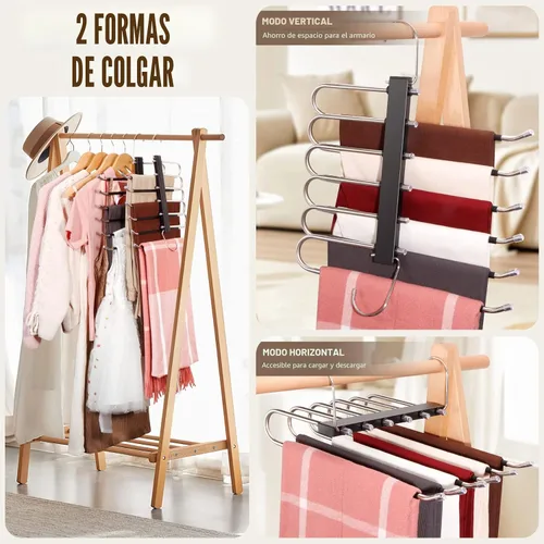 Miniatura 3 de HUITEM - Percha para pantalones que ahorra espacio de 6 niveles, antideslizante, de acero inoxidable, paquete de 2, color negro