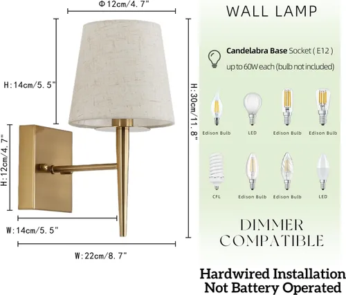 Miniatura 4 de EFINEHOME Aplique de pared moderno Mid-Century con pantalla de tela beige, 1 lámpara de pared dorada antigua para interiores, lámpara de pared