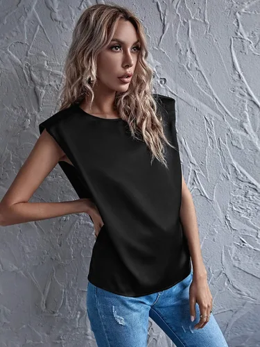 Miniatura 3 de Verdusa Camisetas de satén para mujer, estilo casual, sin mangas, con almohadilla de hombro