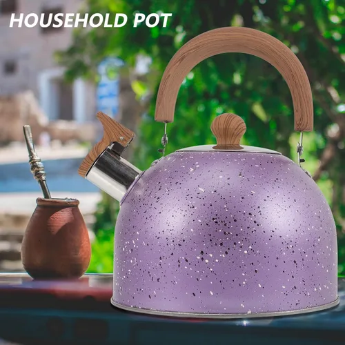 Miniatura 8 de Tetera de té silbante, hervidor de agua de acero inoxidable con mango de madera, cubierta de boquilla de bloqueo, camping para inducción de gas