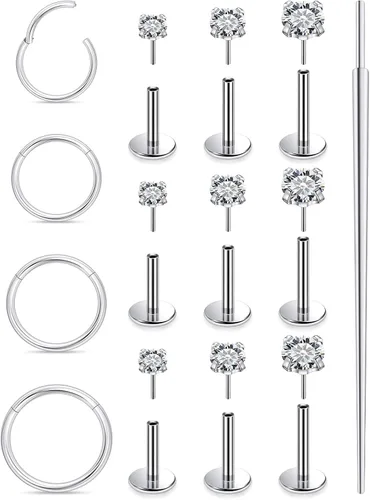 Miniatura 8 de Aretes de nariz de acero quirúrgico 316L, 20G, 18G y 16G, sin rosca, aretes de lóbulo para cartílago, cartílago, oreja, labio, piercing para mujeres