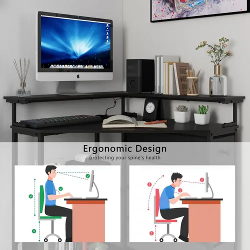 Miniatura 7 de VENNQD Escritorio esquinero con cajones y estantes para espacio pequeño, escritorio triangular de computadora de 90 grados con tomas de corriente
