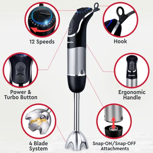 Miniatura 3 de Mueller Multistick 800W Batidora de Inmersión Manual 5 en 1, Batidora de Mano de 12 Velocidades - Turbo Boost, Motor de Cobre de Servicio Más