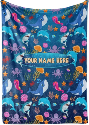 Miniatura 8 de Manta personalizada de Living para niños Manta de forro polar de animales marinos personalizada Manta azul para niños Manta para bebé niña