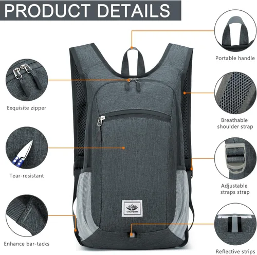Miniatura 4 de Esup Mochila de senderismo ligera de 15 litros plegable pequeña mochila de viaje plegable mochila de campamento para mujeres y hombres (gris oscuro)