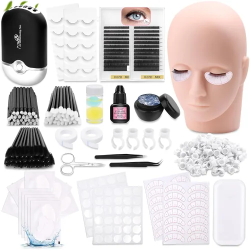 Kit de pestañas para extensión de pestañas, suministros técnicos de pestañas con cabeza de práctica de maniquí, racimo de pestañas, pegamento de