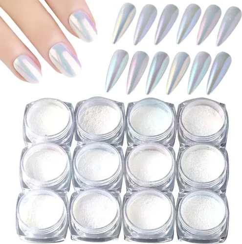 WOKOTO Polvo de uñas de cromo perla blanca para arte de uñas, efecto espejo holográfico Aurora, polvo cromado, concha iridiscente, pigmento de arte