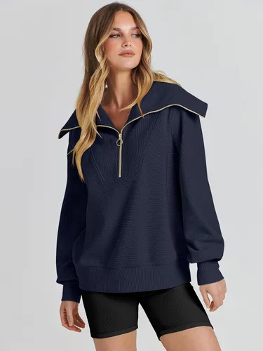 Miniatura 6 de ANRABESS Sudadera de manga larga con cremallera de un cuarto para mujer, sudadera de manga larga con media cremallera, moda 2024