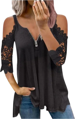 KNFATEQVEDG Camisetas de manga corta con cuello en V y cremallera para mujer, talla grande, con hombros descubiertos, blusas de verano sexy, Negro