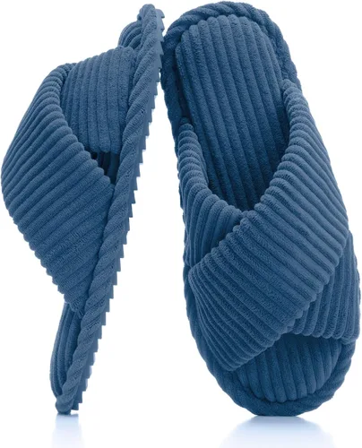 Miniatura 13 de GOEWY - Pantuflas para mujer con espuma viscoelástica para el hogar, con entretejido de pana, tiras cruzadas, con punta abierta, sandalias cómodas