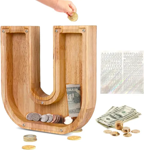 Miniatura 16 de Alcancía de Madera Personalizada con Letras del Alfabeto, Banco de Monedas con Letras del Alfabeto para Niños, Niñas y Bebés, Tamaño Grande, 26