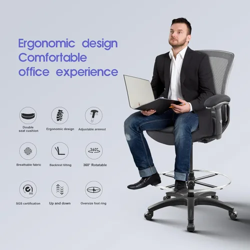 Miniatura 3 de Silla de redacción de malla para computadora, taburete de escritorio de pie con almohada de apoyo lumbar, reposabrazos ajustable en altura y anillo