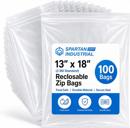 Spartan Industrial - 13 x 18 pulgadas (100 unidades) 2 mil Bolsas de plástico con cierre zip reutilizables, transparentes, con cierre de sello