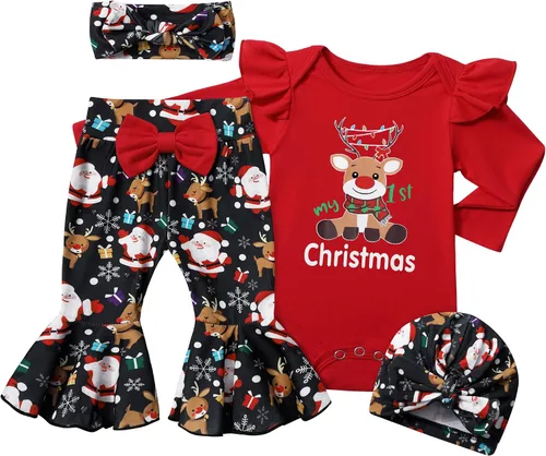 Miniatura 7 de Ropa de bebé niña, 4 piezas, trajes de niña recién nacida, con volantes, mameluco de campana para bebé, diadema, bandana, conjuntos de ropa, regalos