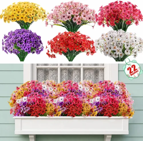 Miniatura 24 de Paquete de 22 flores artificiales para exteriores, flores sintéticas resistentes a los rayos UV con plantas de plástico, flores de seda sintética