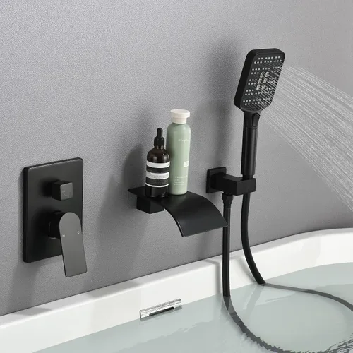 Miniatura 8 de Juego de grifos de bañera con rociador de mano con kit de moldura de válvula áspera, grifos de bañera de montaje en pared, color negro mate