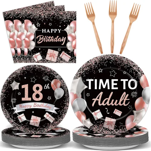 gisgfim 96 piezas de platos y servilletas de cumpleaños de 18 años, suministros para fiesta, color oro rosa, negro, juego de vajilla para fiesta de