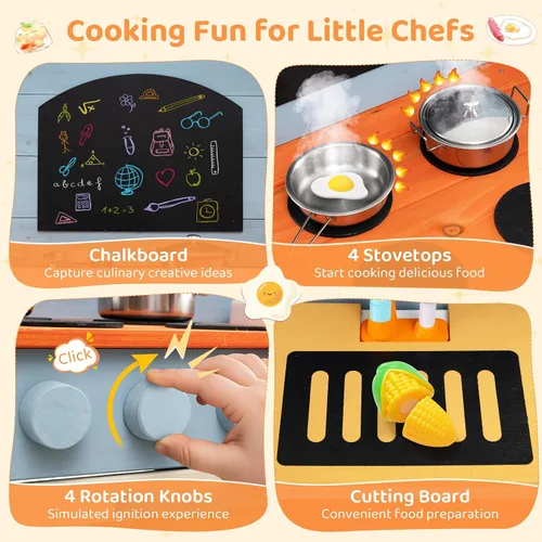 Miniatura 9 de HONEY JOY Cocina de barro, cocina de madera de cedro para niños pequeños, grifo real con agua corriente, fregadero, accesorios de cocina, pizarra