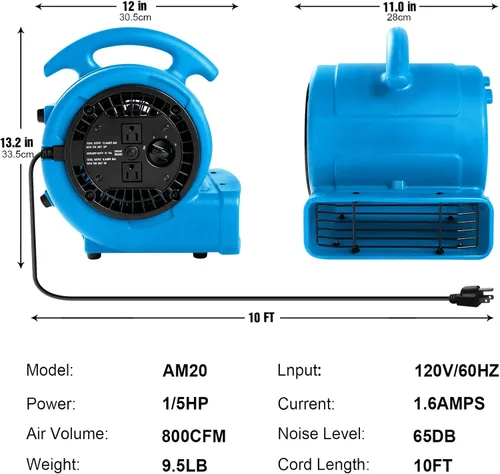 Miniatura 3 de MOUNTO Ventilador Air Mover de 1/5 hp de 800 cfm, ventilador de secado de pisos, motor de aire compacto de 3 velocidades con doble salida, cable