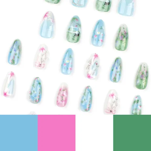 Miniatura 2 de RTKHFZE Uñas postizas a presión con forma de ataúd de almendra, uñas postizas medianas a presión para primavera y verano, con diseños de flores