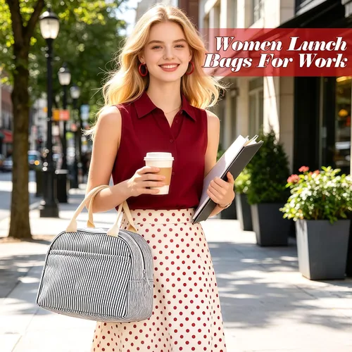 Miniatura 2 de Bolsa de almuerzo para mujer, lonchera térmica para viajes, trabajo, picnic, bolsas de almuerzo de gran capacidad para adultos (rayas negras)