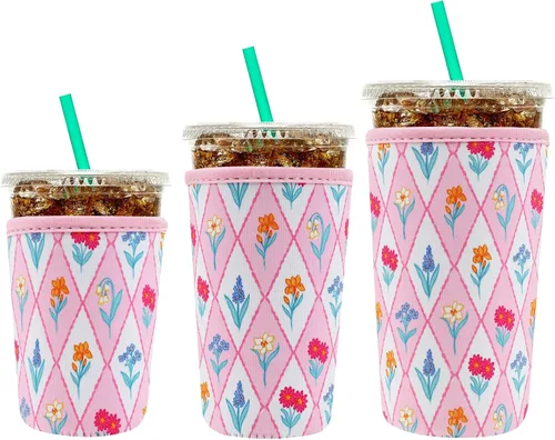 Miniatura 20 de YR Funda aislante de neopreno reutilizable para tazas de café helado, paquete de 3 fundas para bebidas heladas y calientes, enfriador de bebidas