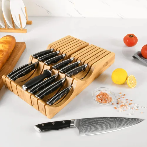 Miniatura 4 de Bloque de cuchillos en el cajón con 12 cuchillos japoneses de Damasco y afilador, organizador de cajones de cuchillos de bambú con 67 capas de acero