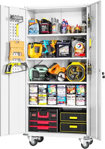 Miniatura 12 de Greenvelly Armario de almacenamiento de metal para garaje con puertas y estantes ajustables, gabinete de archivo de acero negro con cerradura de 72