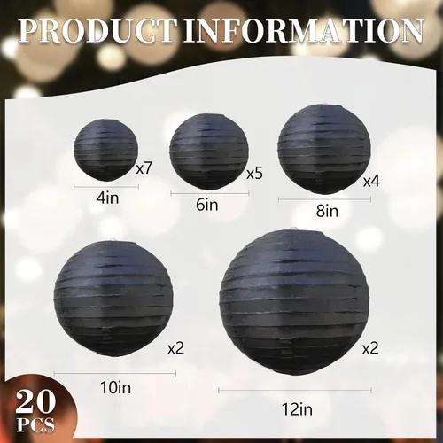 Miniatura 2 de 20 linternas de papel negras para fiestas, 6, 8, 10, 12 pulgadas, chinas, asiáticas, colgantes, redondas, para cumpleaños, bodas, Halloween