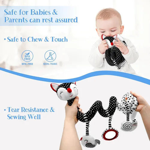 Miniatura 3 de Juguetes de asiento de automóvil para bebés de 0 a 6 meses, juguetes para colgar en el asiento de automóvil, color blanco y negro, juguete de bebé