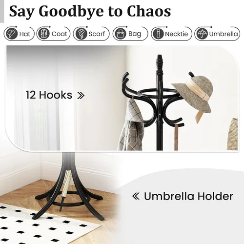 Miniatura 7 de Tangkula Perchero con soporte para paraguas, perchero independiente de 73 pulgadas con 12 ganchos, entrada de madera para ropa, bolsos, sombreros