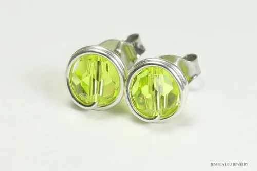 Miniatura 4 de Jessica Luu Jewelry Chartreuse Green Stud Earrings Sterling Silver or Gold Wire Wrapped Citrus Crystal Handmade