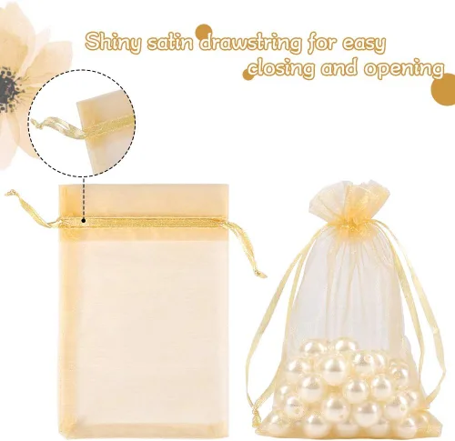 Miniatura 3 de HRX Package 100 bolsas de regalo de organza dorada, 4 x 6 pulgadas, de malla de caramelo, con cordón, bolsas de joyería para Navidad, boda, fiesta