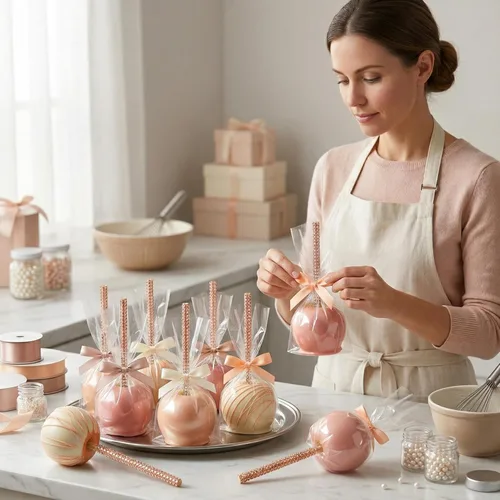 Miniatura 6 de Quotidian Palitos brillantes de bambú con purpurina de durazno de 6 pulgadas (5.9 in) paquete de 24 – caramelo de pastel de manzana caramelo Rosado