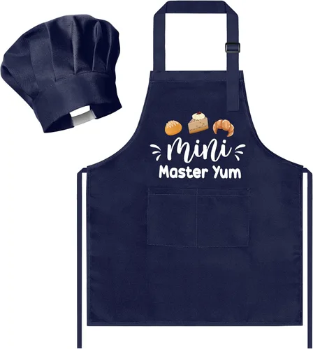 Miniatura 13 de R HORSE Juego de delantal y sombrero de chef para niños, 2 piezas, mini parrilla ajustable, delantal de cocina para niños, juego de rol, juguete